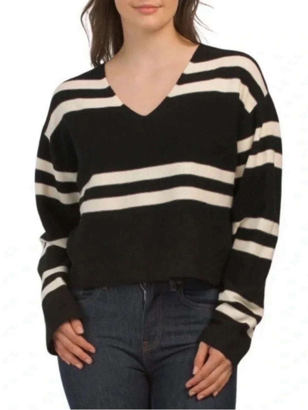 LNA Luca Black & Cream Striped V-Neck Sweater